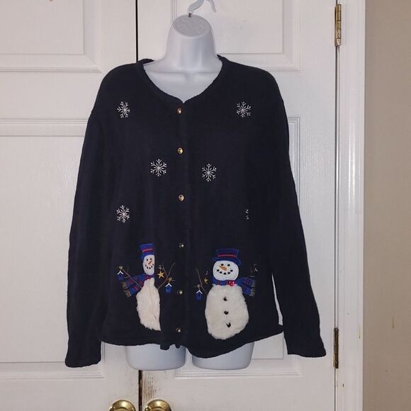 Krystal Kobe navy button down snowman snowflakes winter cardigan Sz M - Picture 1 of 6